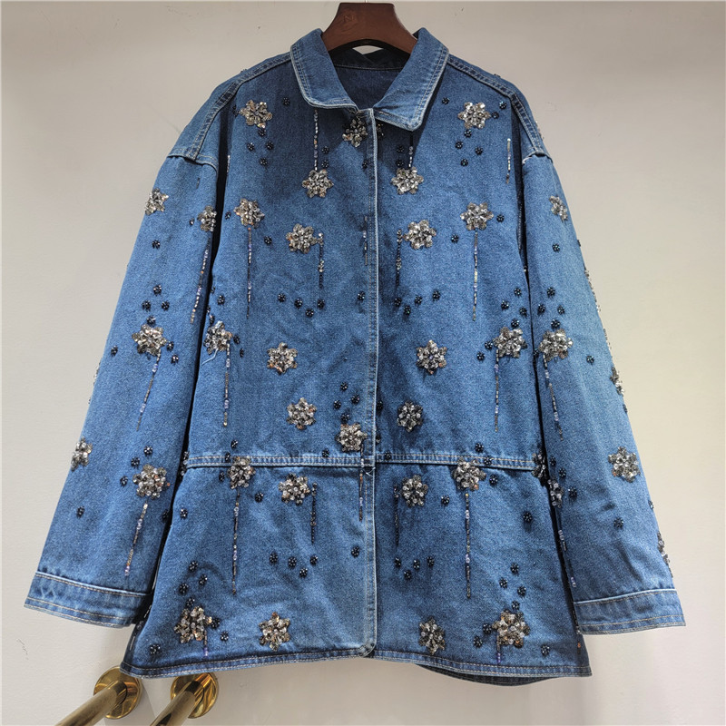 Embroidery Flower Pattern - Kurtka jeansowa SuperAen z haftowanymi kwiatami,