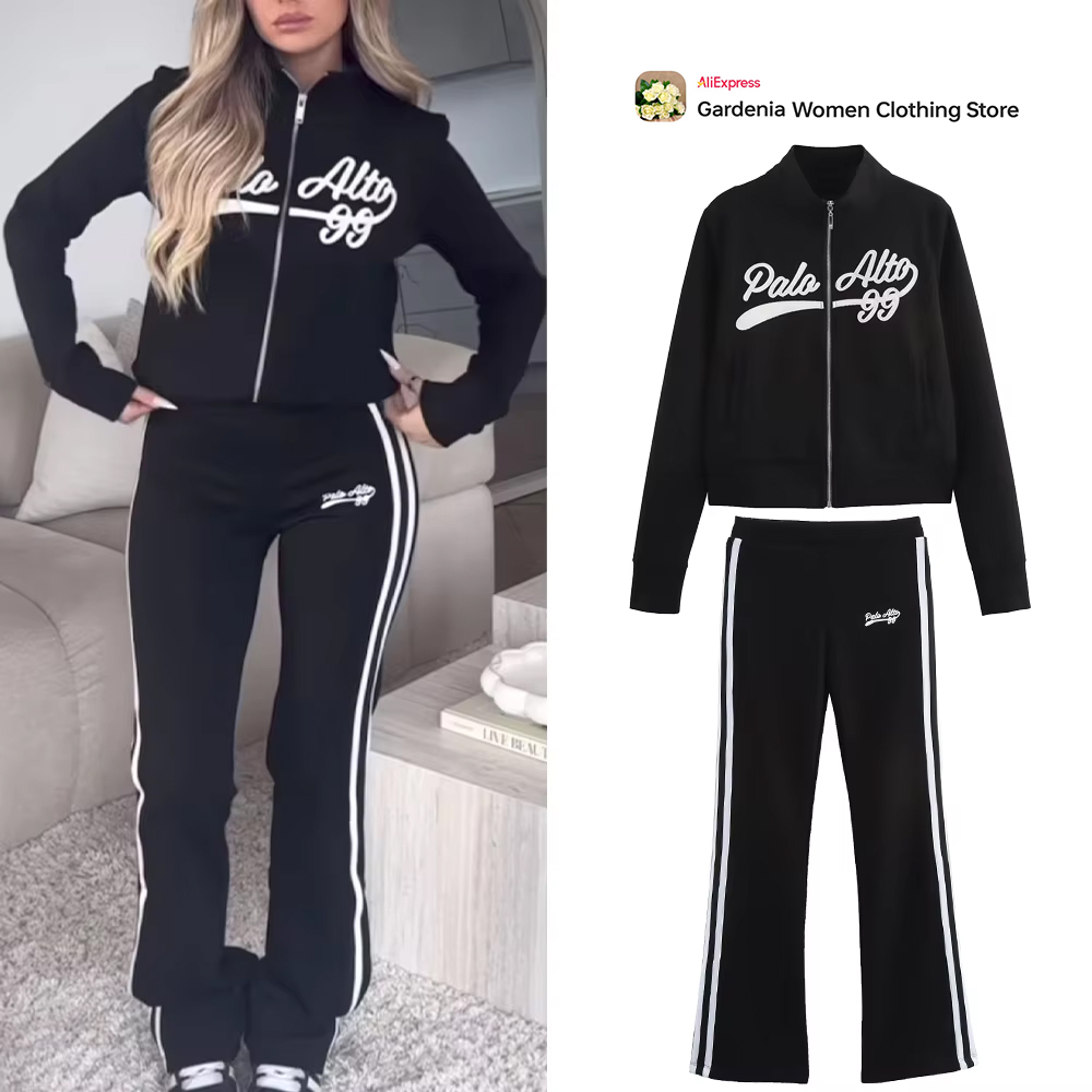 Embroidery Jacket - Casualowy damski czarny zestaw sportowy Varsity